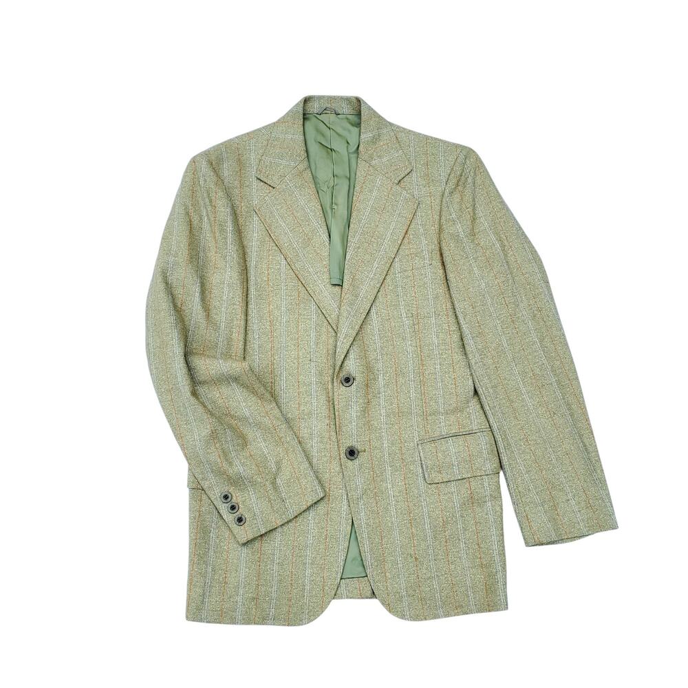 Vintage Clubman Hopsack Suit Jacket Retro Green Orange Stripe Textured Linen 38R